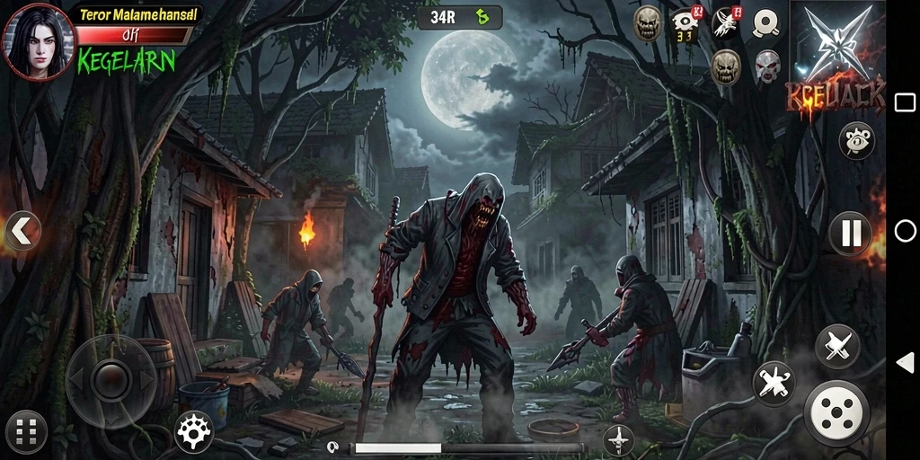 Screenshot menampilkan momen menegangkan dalam gameplay 34R.