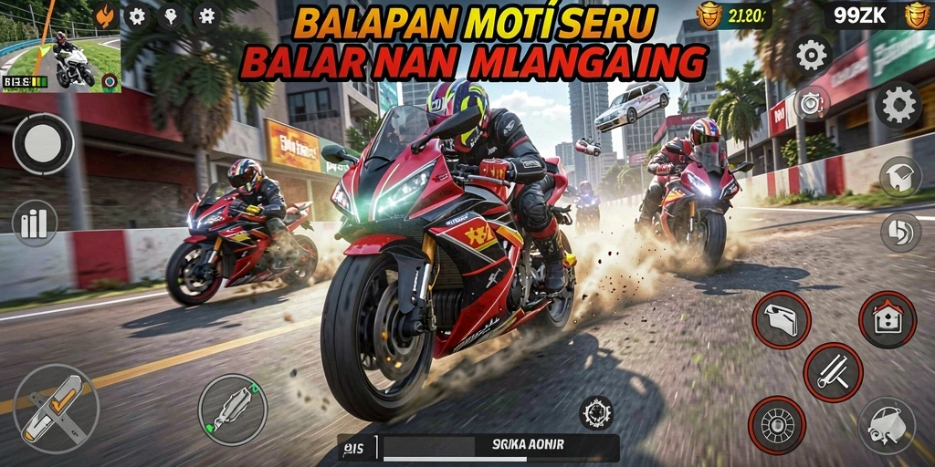Gameplay seru dan mendebarkan di 99ZK saat balapan motor.