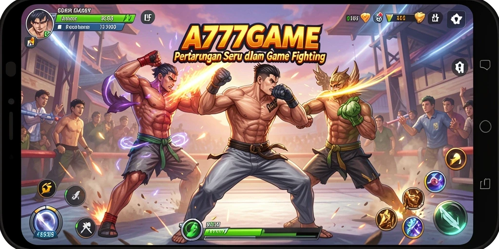 Screenshot utama A777GAME menunjukkan pertarungan intens di arena.