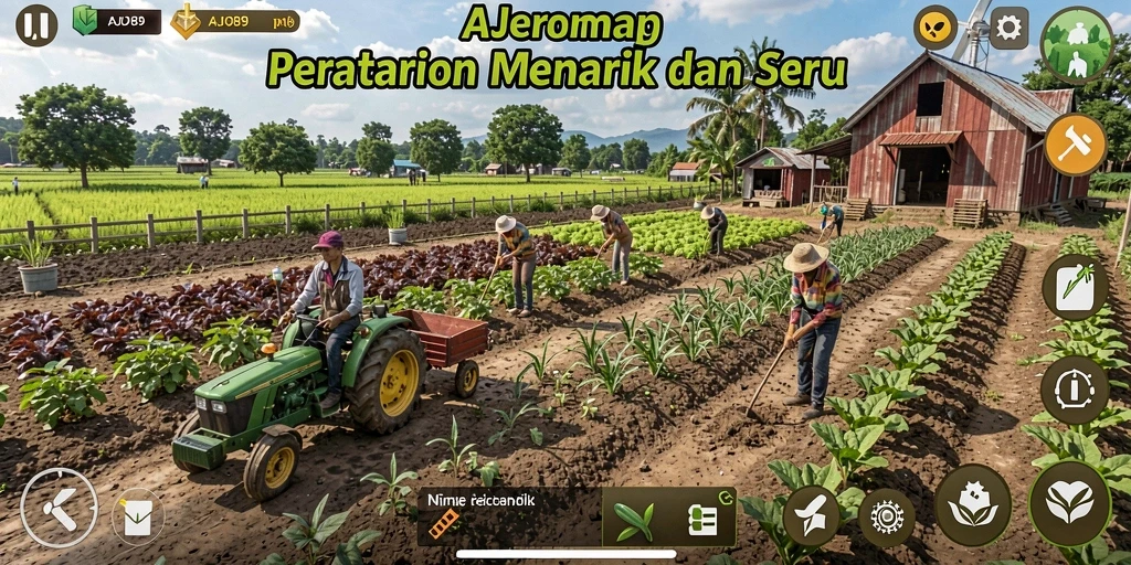 Tangkapan layar permainan yang menampilkan kebun yang subur dan berwarna-warni.
