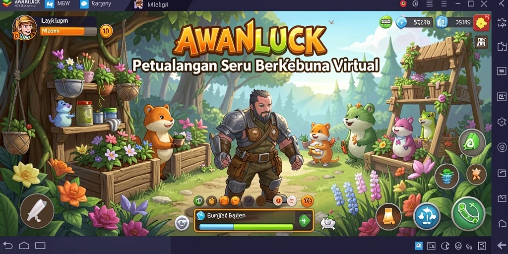 Screenshot utama AWANLUCK menunjukkan kebun yang subur dan interaktif.