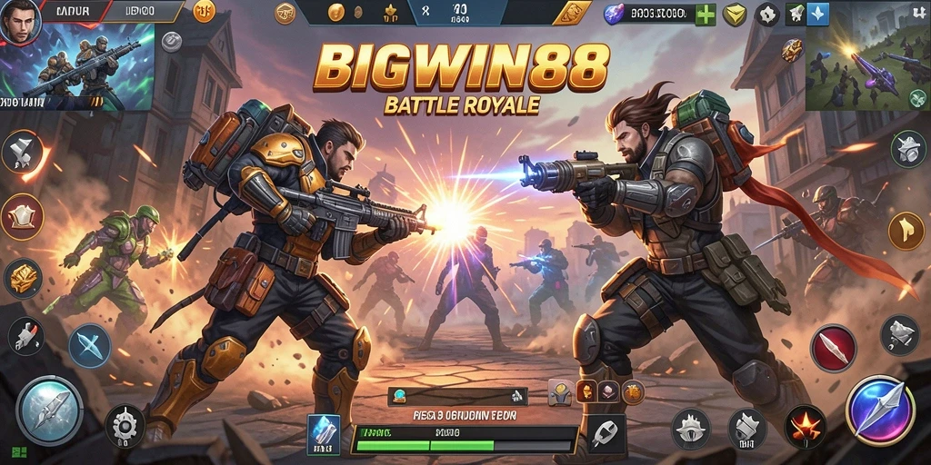 Screenshot utama BIGWIN88 yang menunjukkan aksi pertempuran intens.