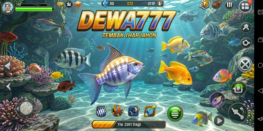 Tampilan gameplay DEWA777 yang menampilkan aksi menembak ikan.