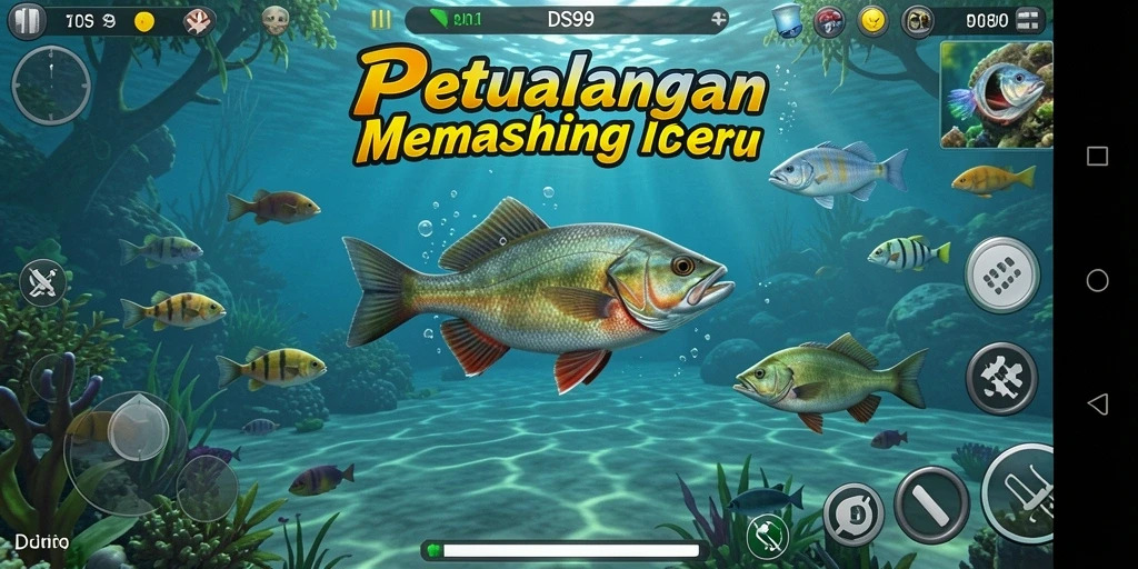 Tampilan gameplay DS99 dengan aksi menembak ikan yang seru.