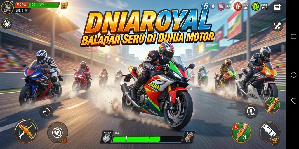 Gameplay seru DUNIAROYAL dengan motor racing yang mendebarkan.