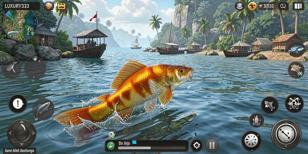 Tampilan gameplay LUXURY333 dengan grafis menarik saat memancing.