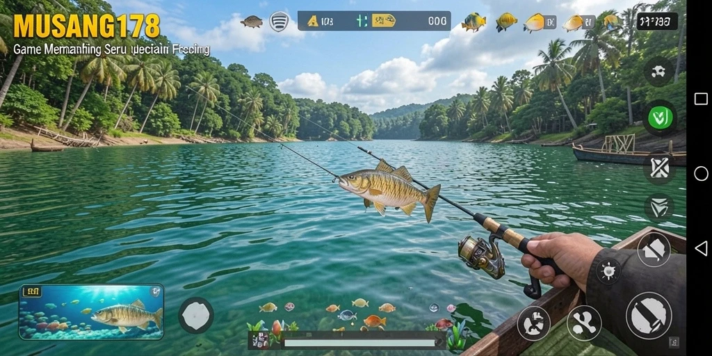 Screenshot gameplay <strong>MUSANG178</strong> menunjukkan pemain beraksi menangkap ikan dengan teknik unik.