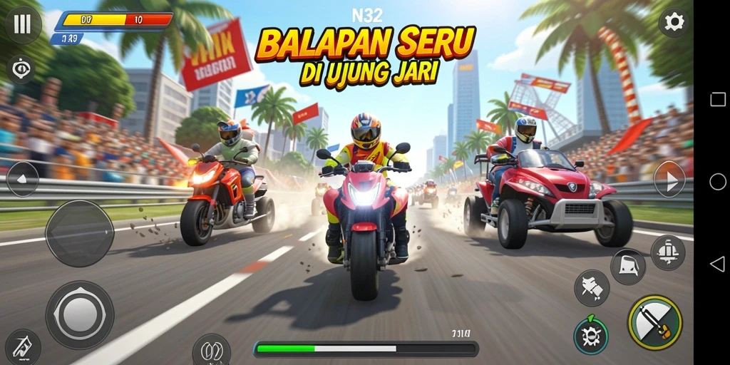 Tampilan aksi balapan mendebarkan di N32 dengan kendaraan kustomisasi.