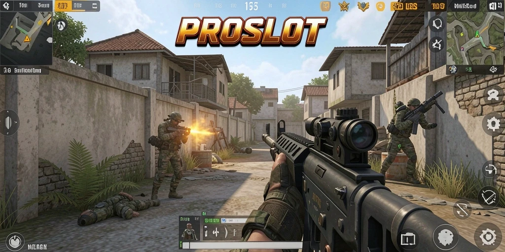 Screenshot gameplay PROSLOT menampilkan pertempuran intens dan karakter yang siap tempur.