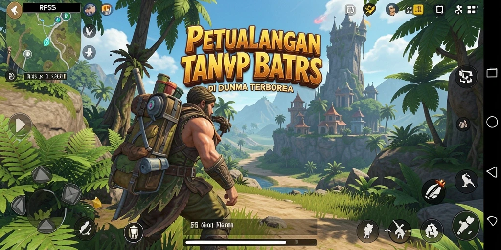 Screenshot gameplay RP55 menampilkan aksi petualangan di dunia terbuka.