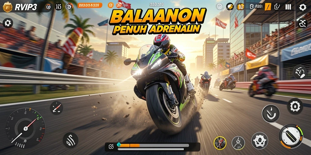 Gameplay menegangkan di sirkuit balapan motor.