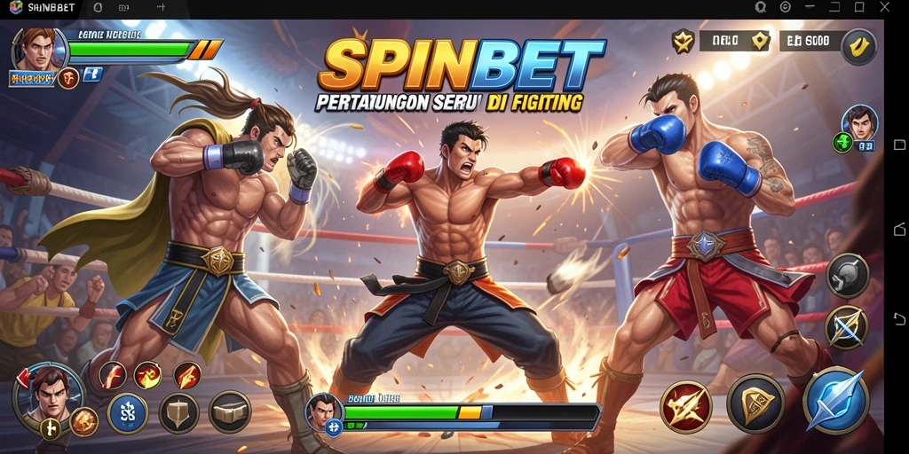 Gameplay SPINBET menampilkan pertarungan intens dengan karakter unik dan arena berwarna-warni.