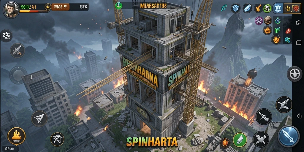 Menampilkan aksi seru dalam gameplay Tower Defense SPINHARTA.