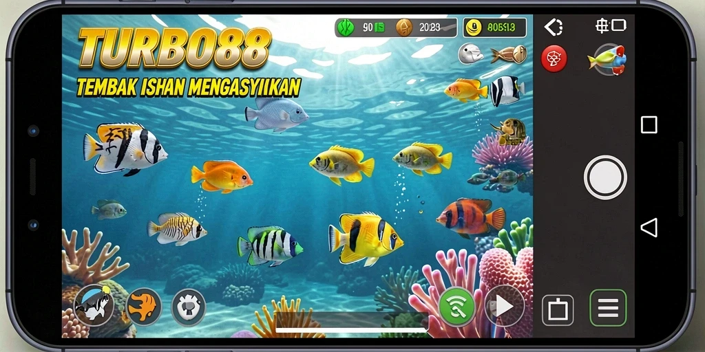 Screenshot utama TURBO88 menampilkan aksi menembak ikan yang mendebarkan.