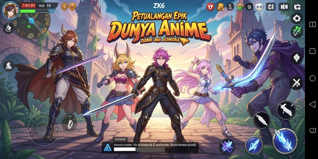 Screenshot gameplay ZK6 yang penuh aksi dan karakter anime.